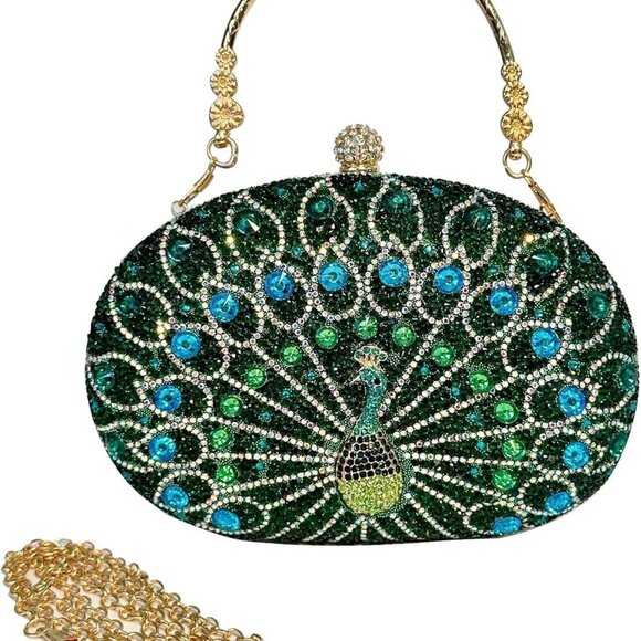 Rhinestone Evening Clutch Bag Satin Green Crossbody Wedding Party